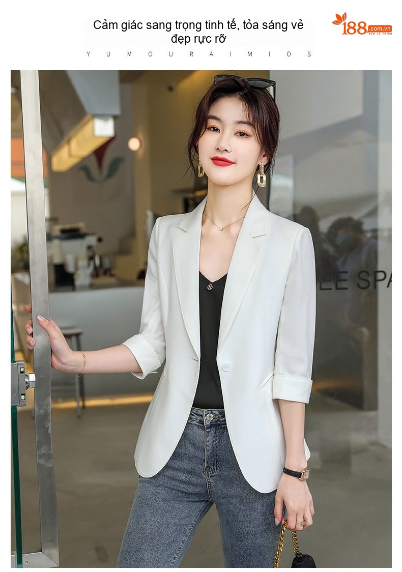 Áo Khoác Blazer Nữ Tay Lỡ Dáng Ngắn Phong Cách Hàn Quốc Màu Trắng, Vàng chi tiết 2