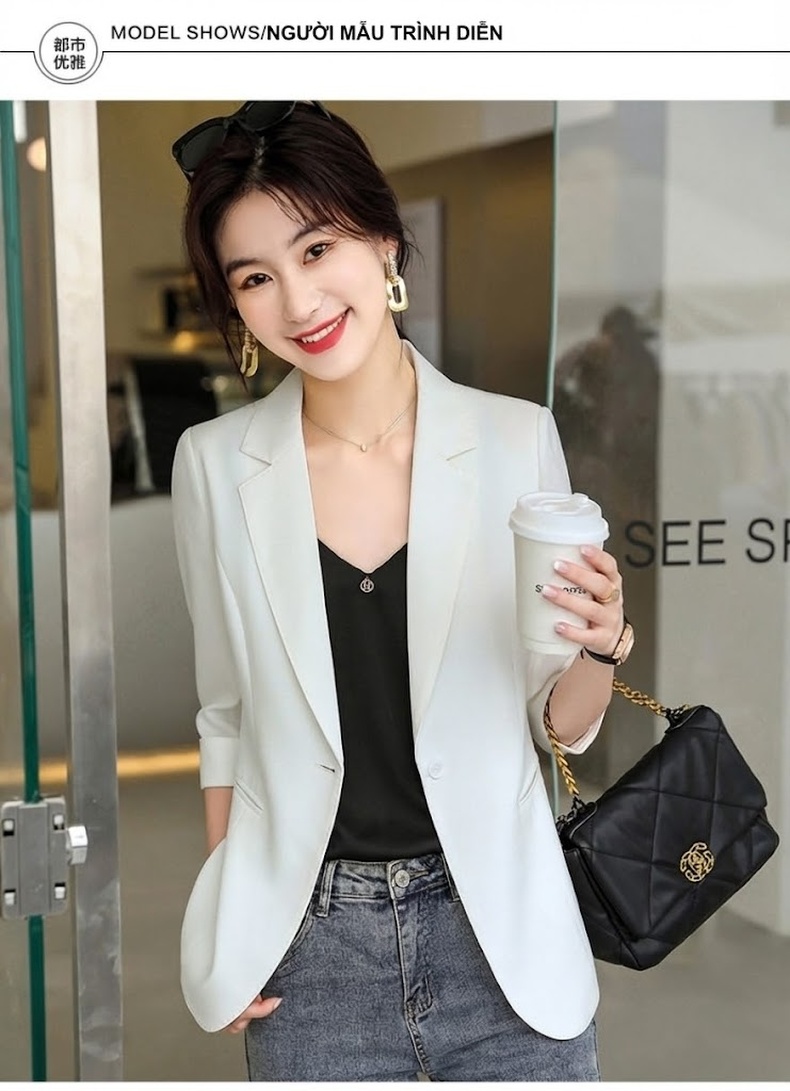 Áo Khoác Blazer Nữ Tay Lỡ Dáng Ngắn Phong Cách Hàn Quốc Màu Trắng, Vàng chi tiết 7