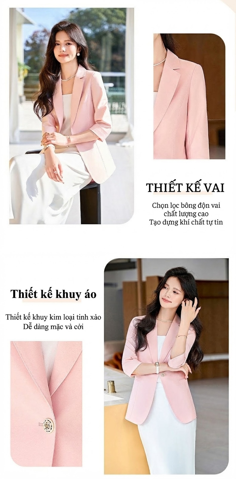 Áo Khoác Blazer Nữ Tay Lỡ Dáng Ôm Phong Cách Hàn Quốc Màu Trắng, Hồng, Kem, Xanh Nhạt chi tiết 4