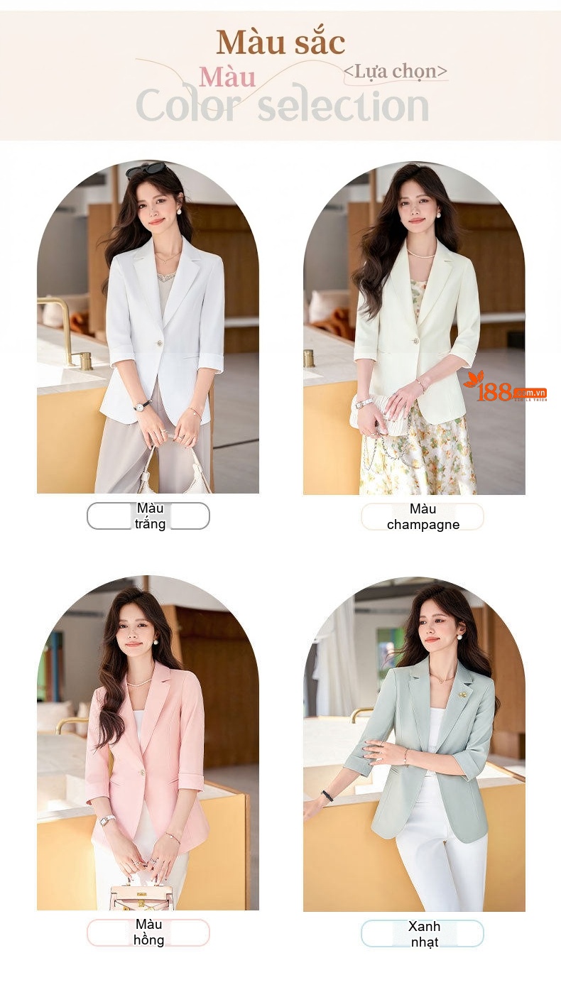 Áo Khoác Blazer Nữ Tay Lỡ Dáng Ôm Phong Cách Hàn Quốc Màu Trắng, Hồng, Kem, Xanh Nhạt chi tiết 5