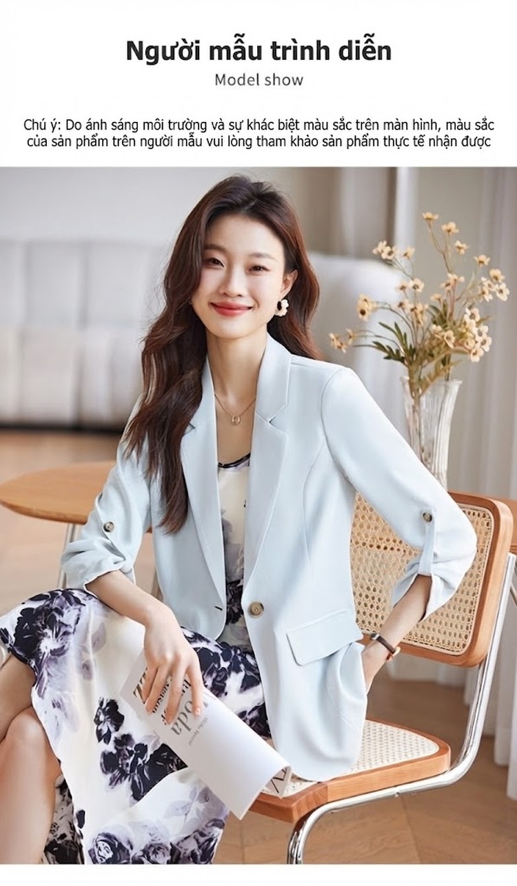 Áo Khoác Blazer Nữ Tay Lỡ Phong Cách Hàn Quốc Màu Xanh Nhạt, Kem, Đen chi tiết 11