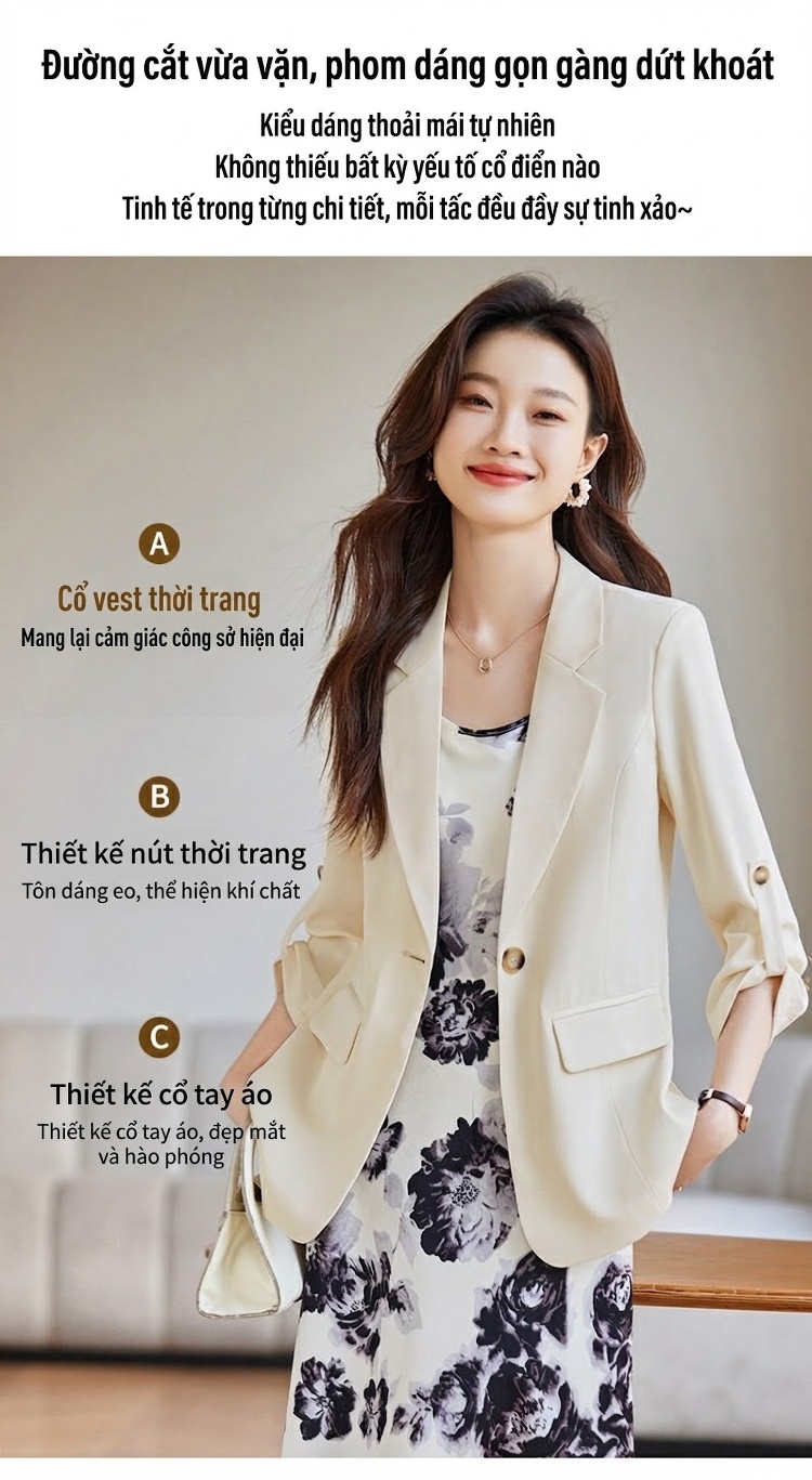 Áo Khoác Blazer Nữ Tay Lỡ Phong Cách Hàn Quốc Màu Xanh Nhạt, Kem, Đen chi tiết 4