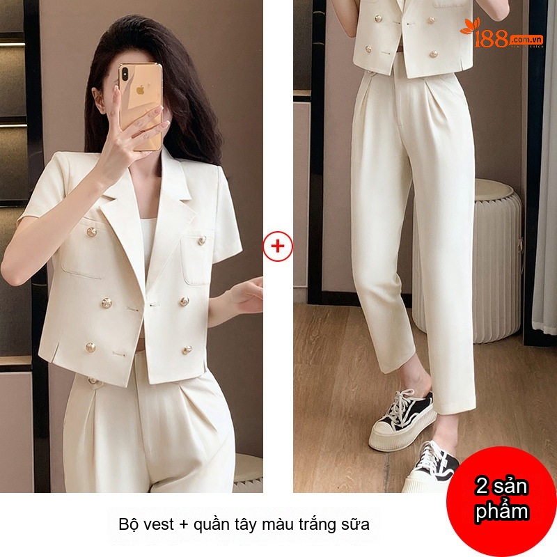 Áo Khoác Blazer Nữ Tay Ngắn Dáng Ngắn Màu Trắng Sữa, Xanh Ngọc
