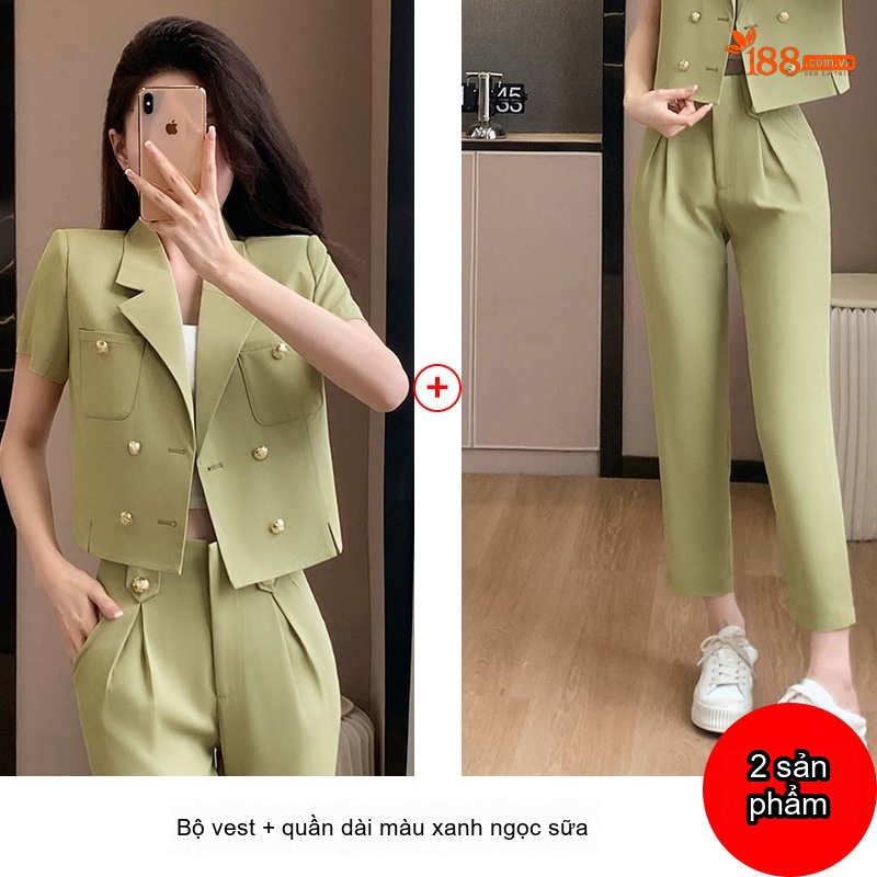 Áo Khoác Blazer Nữ Tay Ngắn Dáng Ngắn Màu Trắng Sữa, Xanh Ngọc