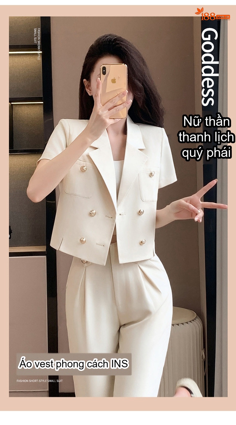 Áo Khoác Blazer Nữ Tay Ngắn Dáng Ngắn Màu Trắng Sữa, Xanh Ngọc chi tiết 2