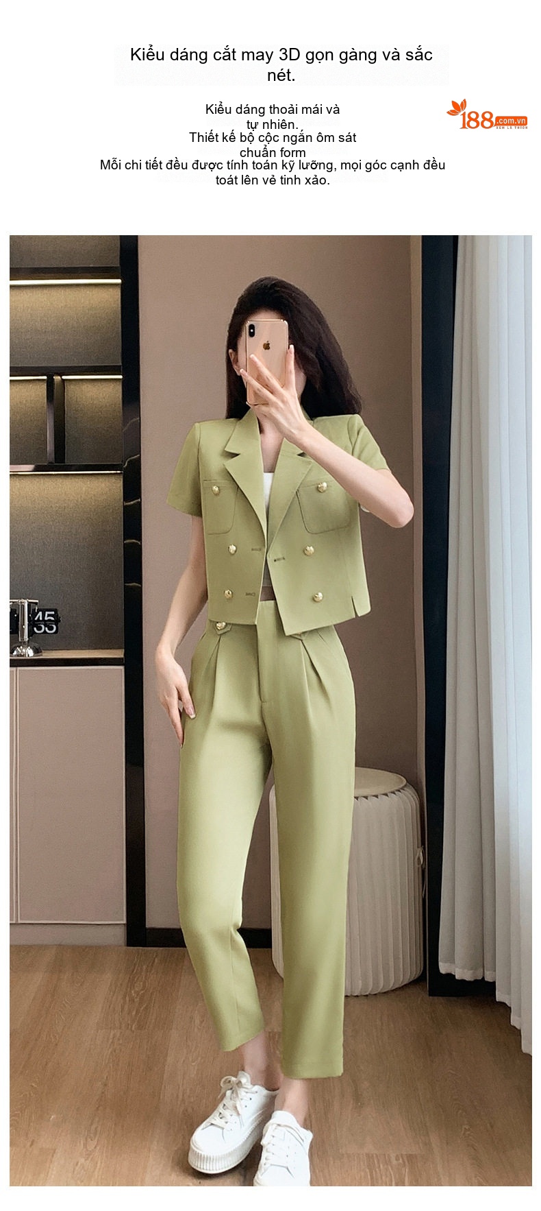 Áo Khoác Blazer Nữ Tay Ngắn Dáng Ngắn Màu Trắng Sữa, Xanh Ngọc chi tiết 4