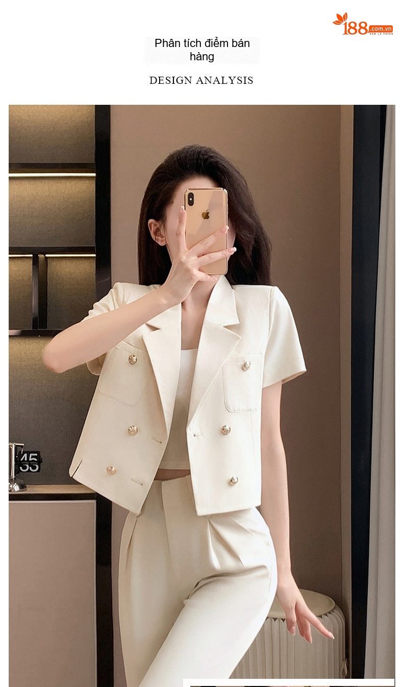 Áo Khoác Blazer Nữ Tay Ngắn Dáng Ngắn Màu Trắng Sữa, Xanh Ngọc chi tiết 5