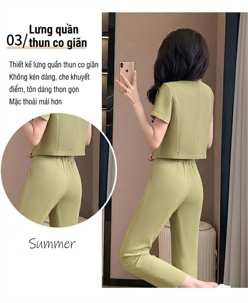 Áo Khoác Blazer Nữ Tay Ngắn Dáng Ngắn Màu Trắng Sữa, Xanh Ngọc chi tiết 7