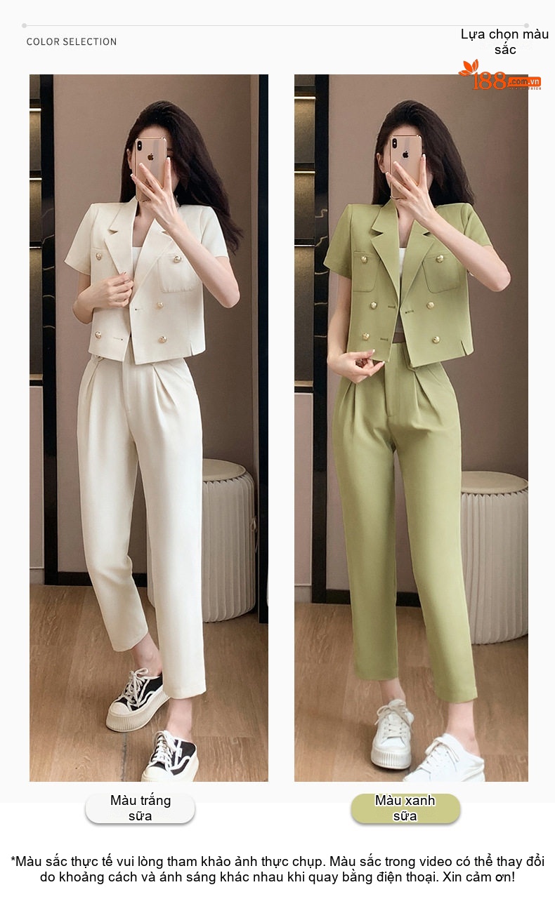 Áo Khoác Blazer Nữ Tay Ngắn Dáng Ngắn Màu Trắng Sữa, Xanh Ngọc chi tiết 10