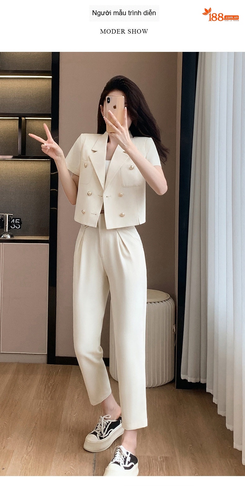 Áo Khoác Blazer Nữ Tay Ngắn Dáng Ngắn Màu Trắng Sữa, Xanh Ngọc chi tiết 14