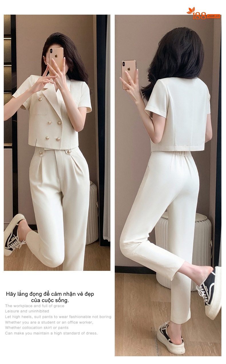 Áo Khoác Blazer Nữ Tay Ngắn Dáng Ngắn Màu Trắng Sữa, Xanh Ngọc chi tiết 16