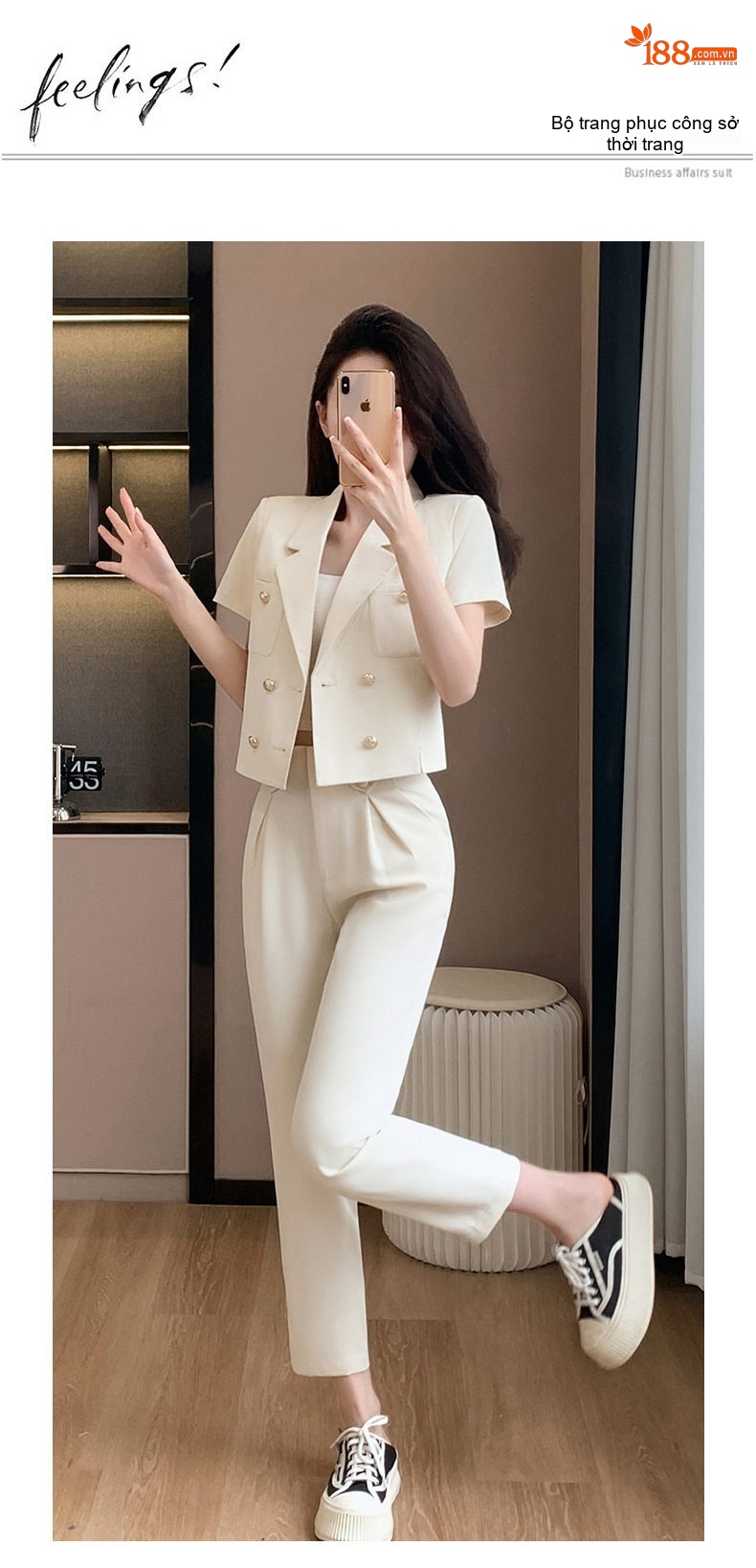 Áo Khoác Blazer Nữ Tay Ngắn Dáng Ngắn Màu Trắng Sữa, Xanh Ngọc chi tiết 17