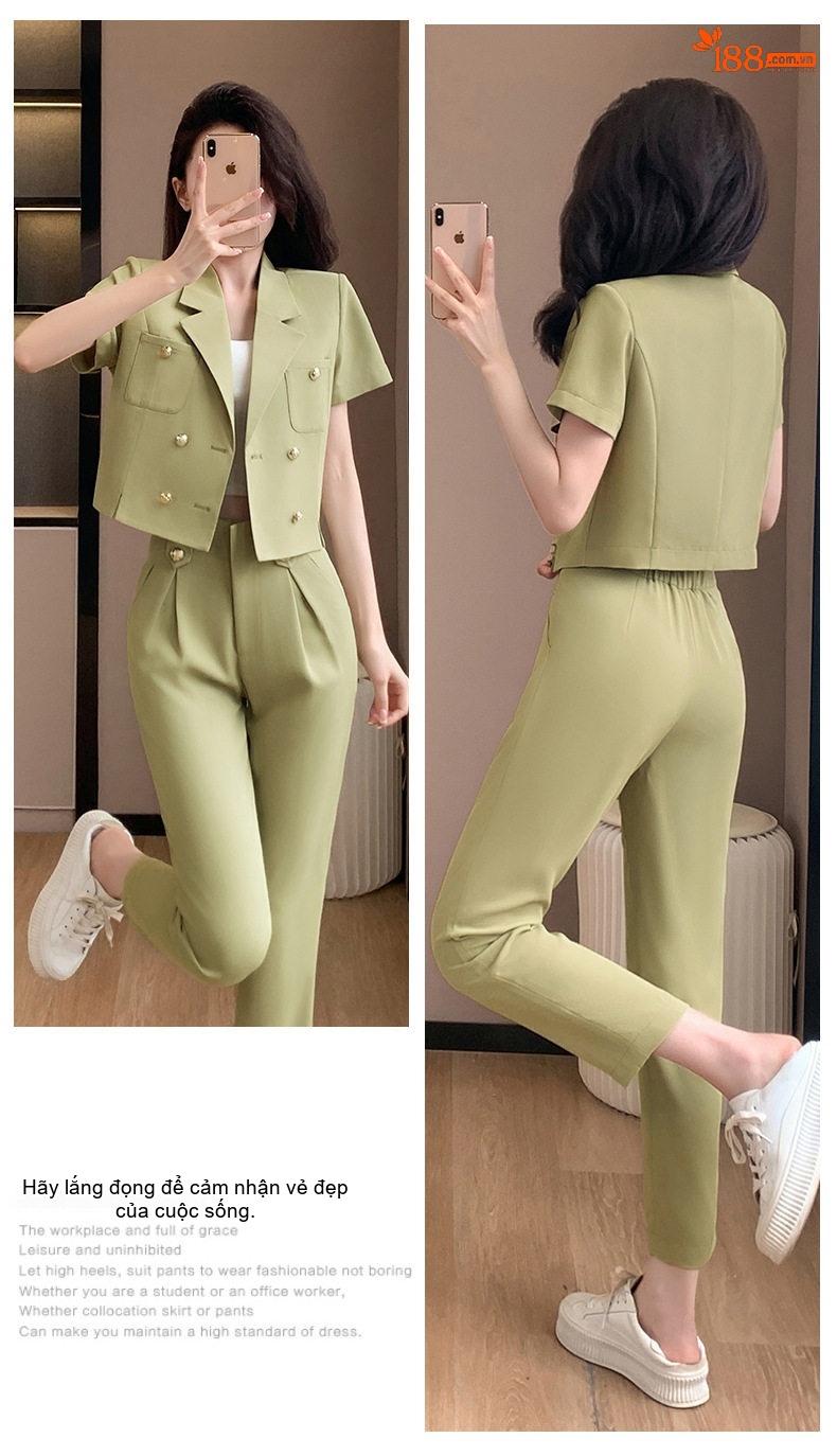 Áo Khoác Blazer Nữ Tay Ngắn Dáng Ngắn Màu Trắng Sữa, Xanh Ngọc chi tiết 20