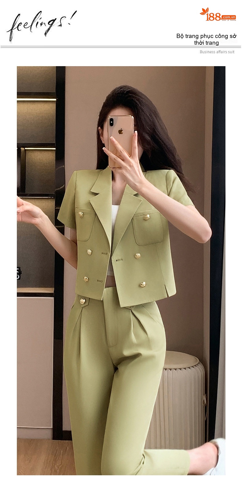 Áo Khoác Blazer Nữ Tay Ngắn Dáng Ngắn Màu Trắng Sữa, Xanh Ngọc chi tiết 21