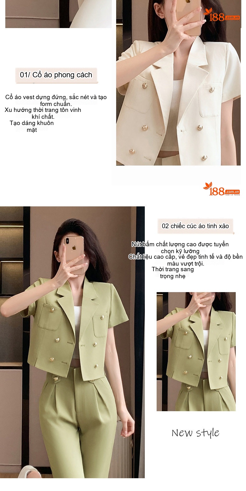Áo Khoác Blazer Nữ Tay Ngắn Dáng Ngắn Màu Trắng Sữa, Xanh Ngọc chi tiết 6
