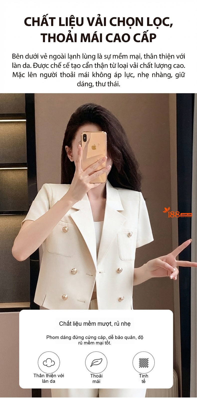 Áo Khoác Blazer Nữ Tay Ngắn Dáng Ngắn Màu Trắng Sữa, Xanh Ngọc chi tiết 11