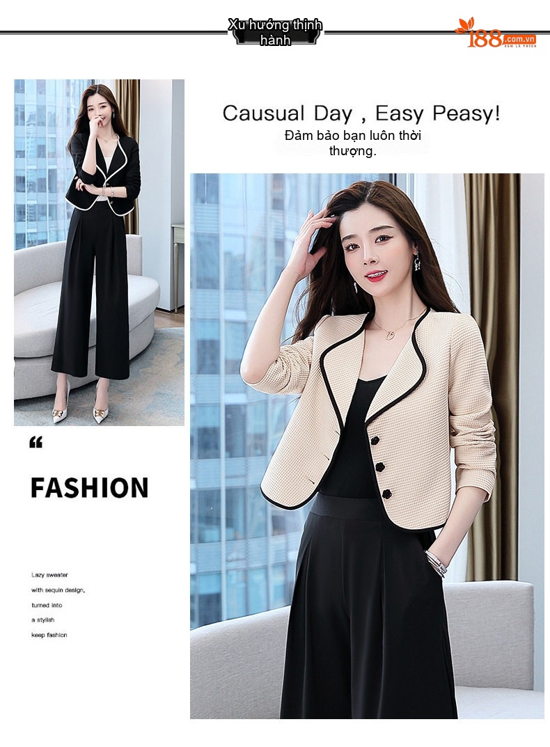 Áo Khoác Blazer Nữ Thu Đông Thiết Kế Thanh Lịch Tôn Dáng Màu Be, Đen chi tiết 2