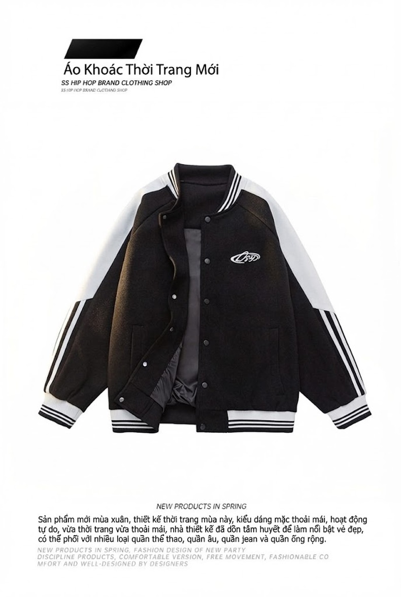 Áo Khoác Bomber Dáng Rộng Unisex Phong Cách Hàn Quốc Màu Trắng Kem, Đen, Xanh Mint, Hồng chi tiết 1