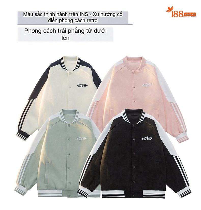 Áo Khoác Bomber Dáng Rộng Unisex Phong Cách Hàn Quốc Màu Trắng Kem, Đen, Xanh Mint, Hồng chi tiết 2