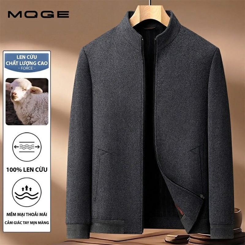 Áo Khoác Bomber Nam 100% Lông Cừu Cổ Trụ Khóa Kéo Dáng Trung Niên Màu Xám