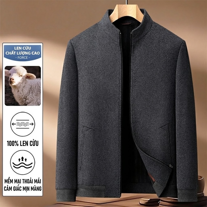 Áo Khoác Bomber Nam 100% Lông Cừu Cổ Trụ Khóa Kéo Dáng Trung Niên Màu Xám