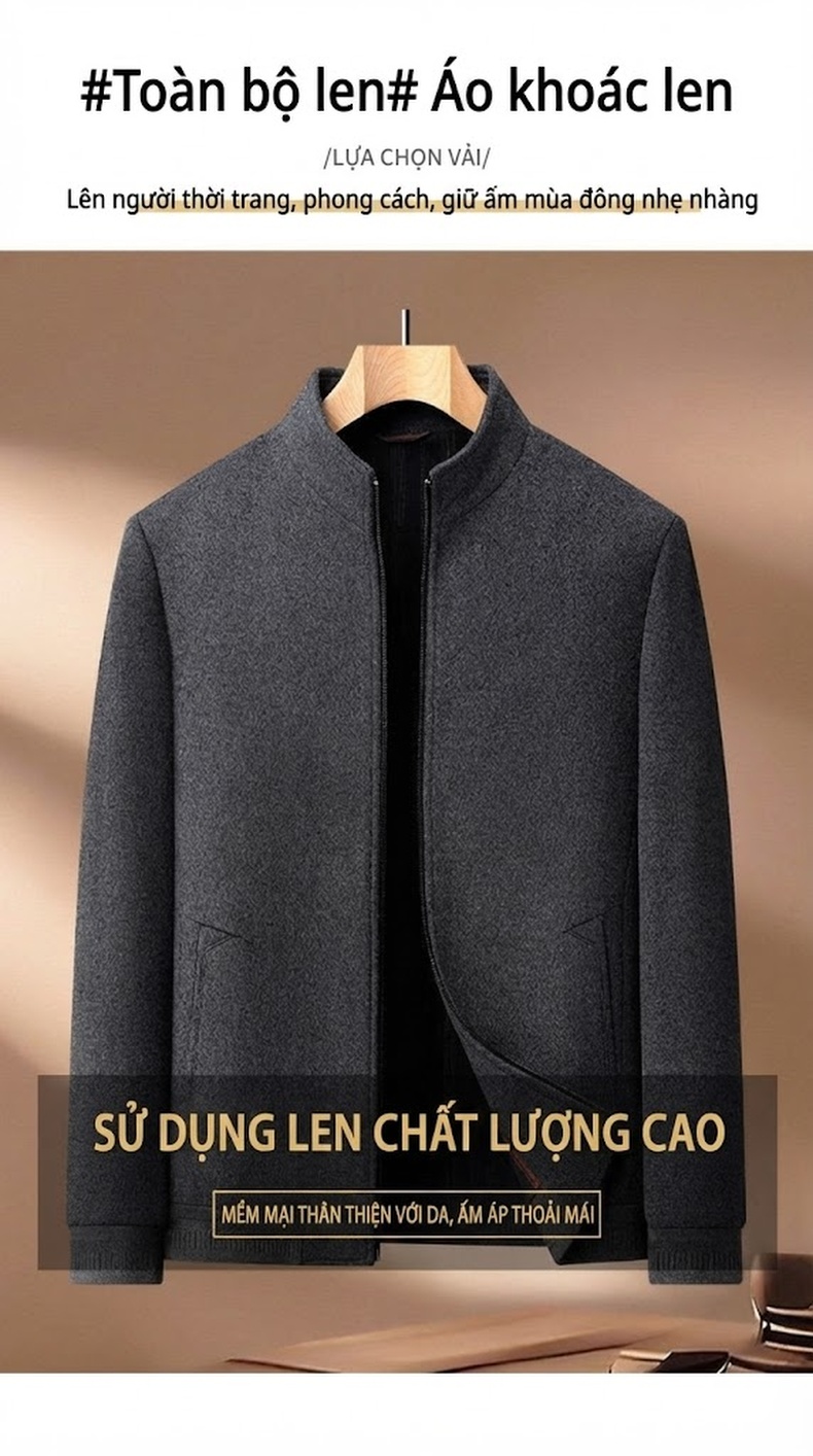 Áo Khoác Bomber Nam 100% Lông Cừu Cổ Trụ Khóa Kéo Dáng Trung Niên Màu Xám chi tiết 1