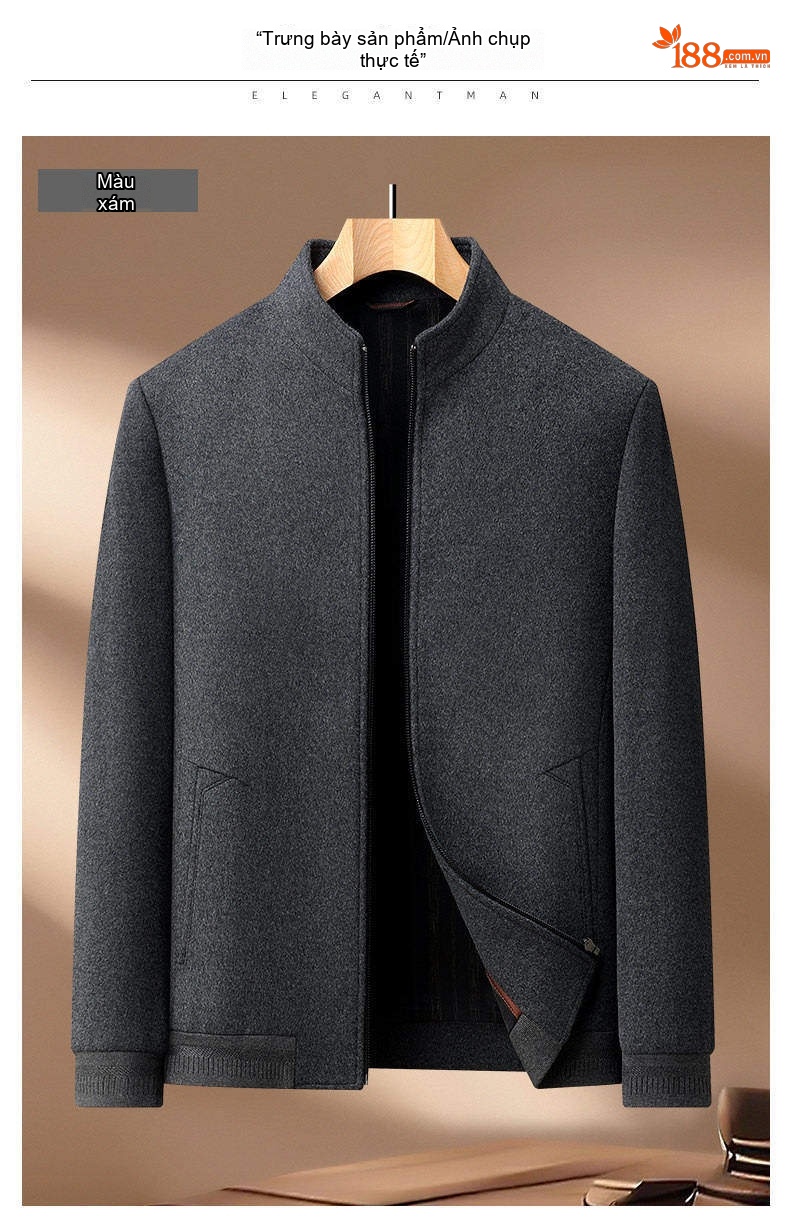 Áo Khoác Bomber Nam 100% Lông Cừu Cổ Trụ Khóa Kéo Dáng Trung Niên Màu Xám chi tiết 8