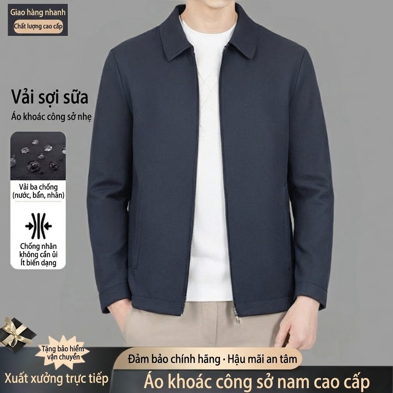 Áo Khoác Bomber Nam Cổ Bẻ Mỏng Nhẹ Phong Cách Doanh Nhân Màu Xanh Navy, Đen