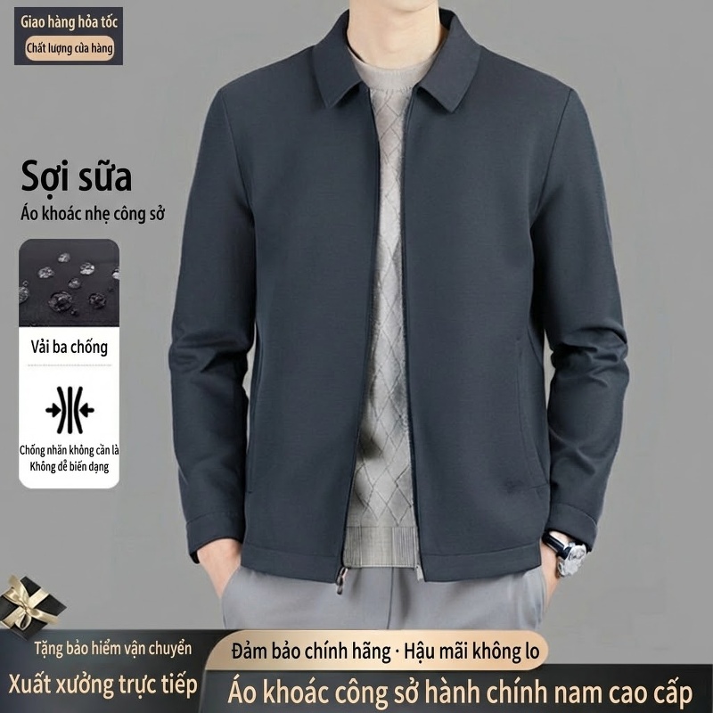 Áo Khoác Bomber Nam Cổ Bẻ Mỏng Nhẹ Phong Cách Doanh Nhân Màu Xanh Navy, Đen