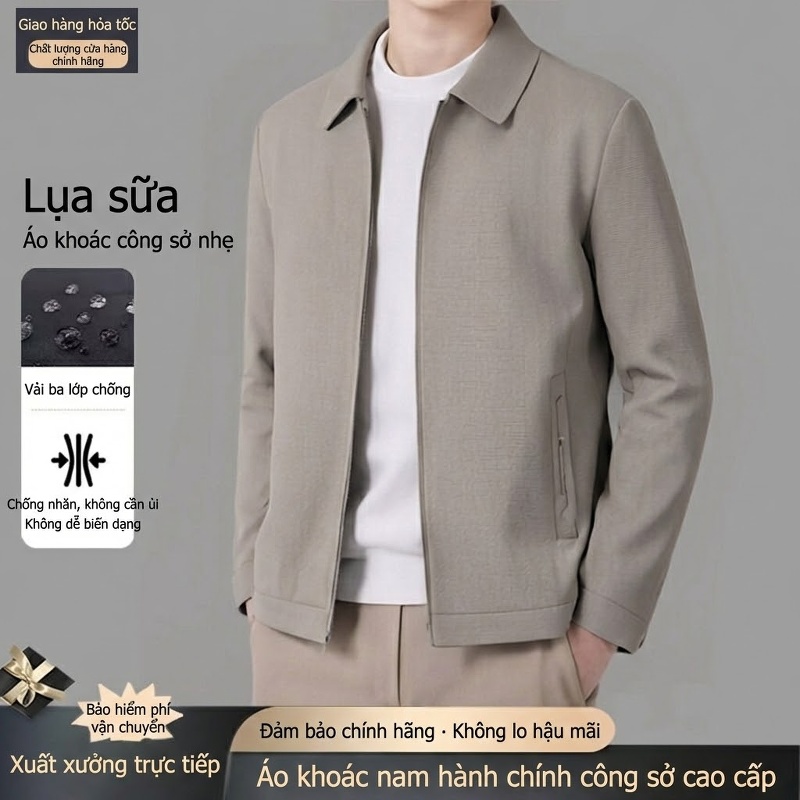 Áo Khoác Bomber Nam Cổ Bẻ Mỏng Nhẹ Phong Cách Doanh Nhân Màu Xanh Navy, Đen