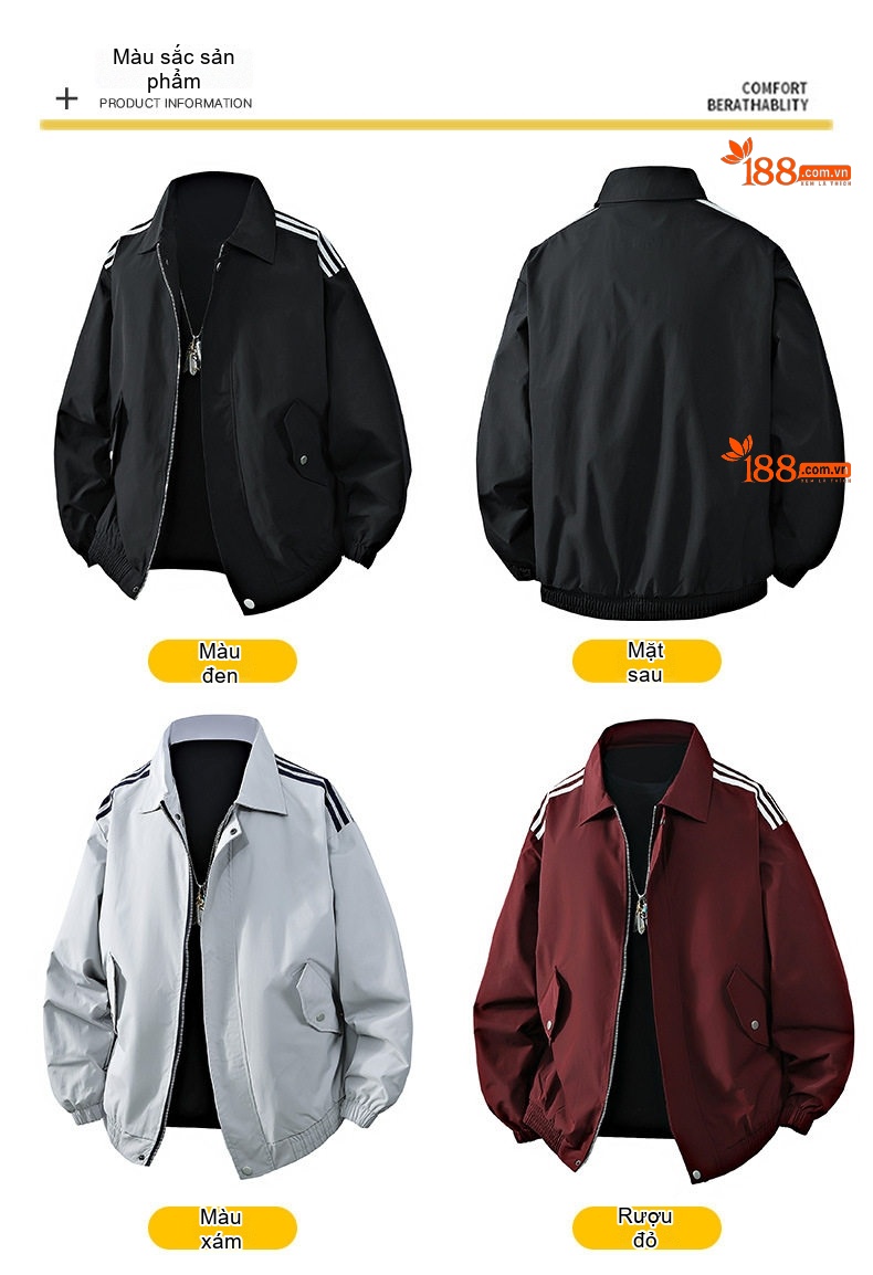 Áo Khoác Bomber Nam Cổ Bẻ Tay Bo Chun Phong Cách Quốc Triều Màu Đỏ, Đen, Xám... chi tiết 8
