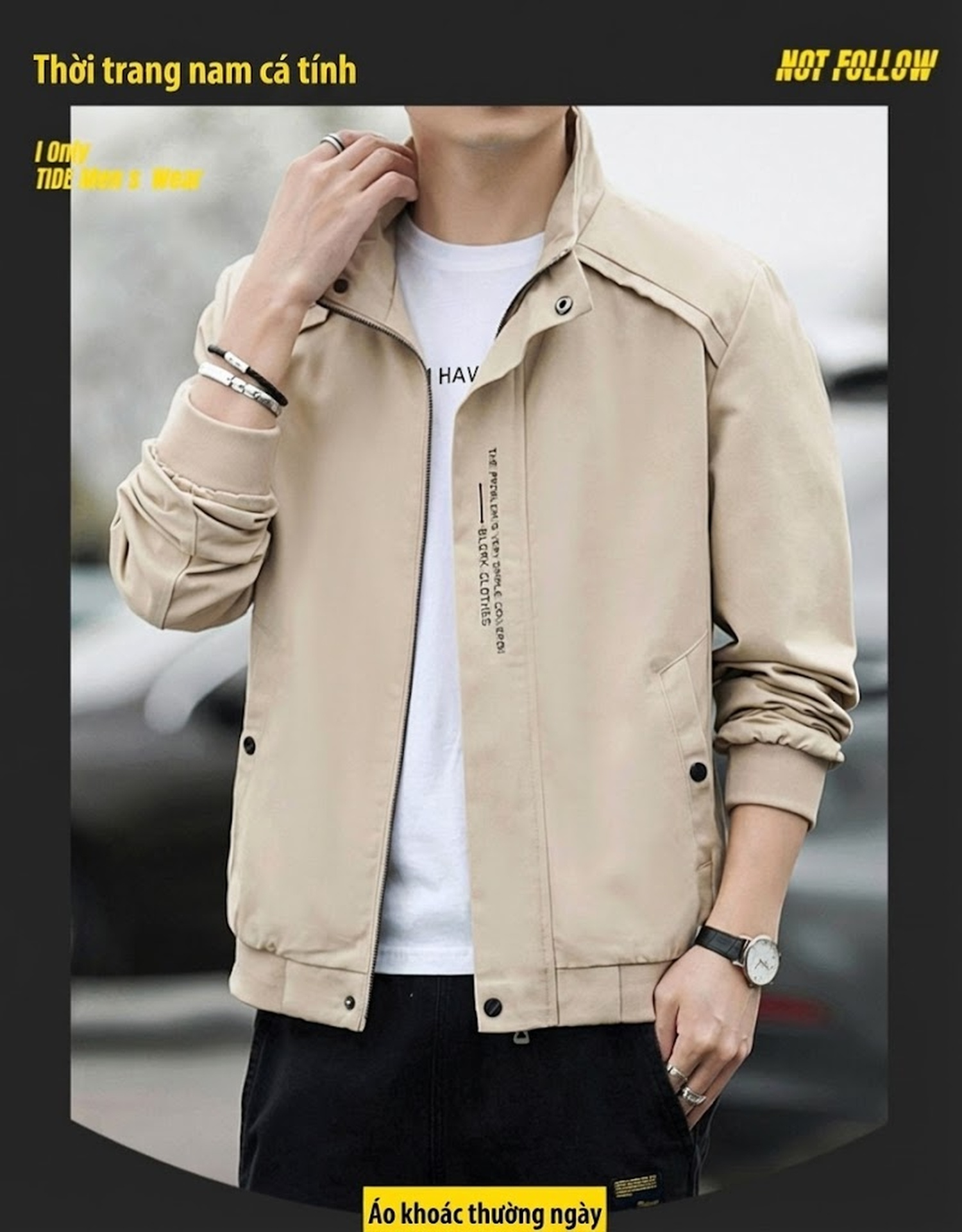 Áo Khoác Bomber Nam Cổ Trụ Dáng Ôm Màu Đen, Xanh Lá, Kem chi tiết 3