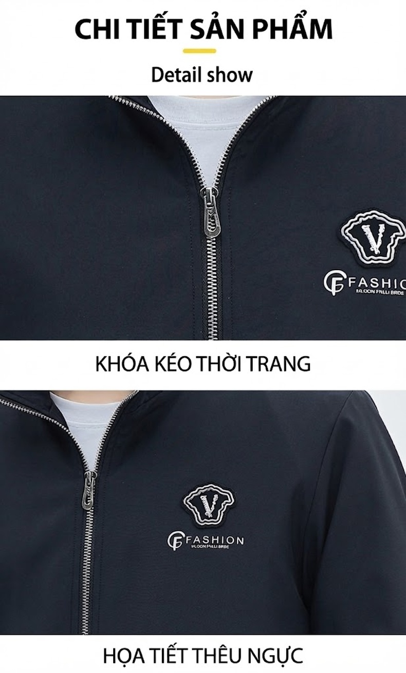 Áo Khoác Bomber Nam Cổ Trụ Dáng Ôm Màu Đen, Xanh Lá, Kem chi tiết 41
