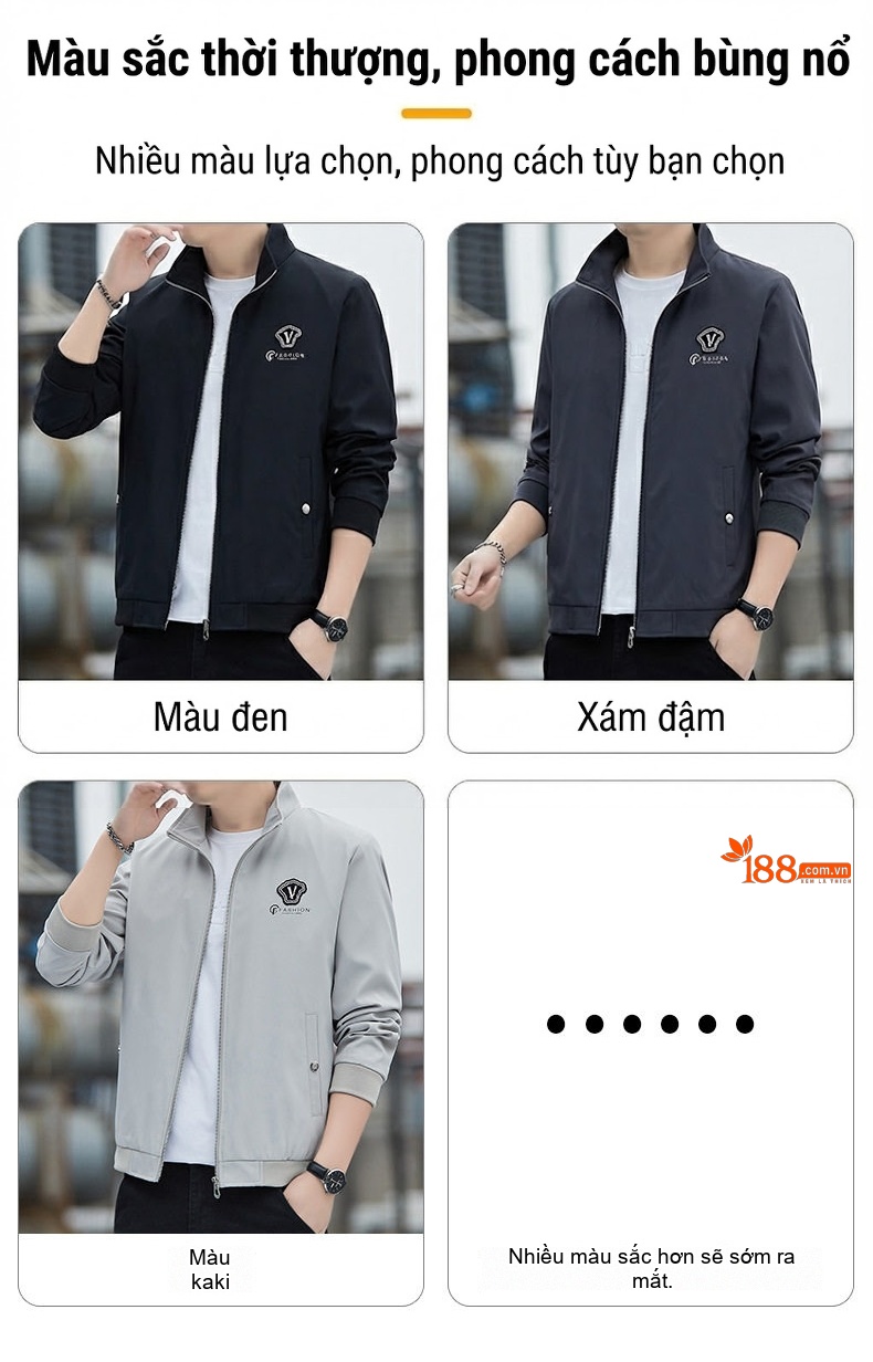 Áo Khoác Bomber Nam Cổ Trụ Dáng Ôm Màu Đen, Xanh Lá, Kem chi tiết 26
