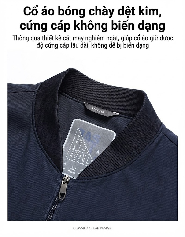 Áo Khoác Bomber Nam Cổ Trụ Dáng Ôm Vừa Vặn Màu Xám, Xanh Navy chi tiết 4