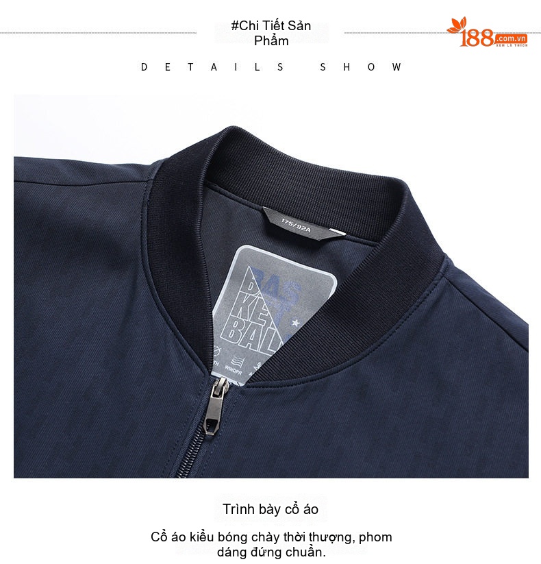 Áo Khoác Bomber Nam Cổ Trụ Dáng Ôm Vừa Vặn Màu Xám, Xanh Navy chi tiết 13