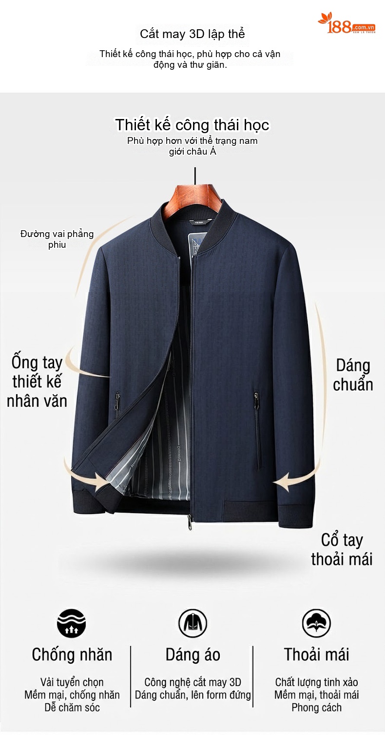 Áo Khoác Bomber Nam Cổ Trụ Dáng Ôm Vừa Vặn Màu Xám, Xanh Navy chi tiết 3