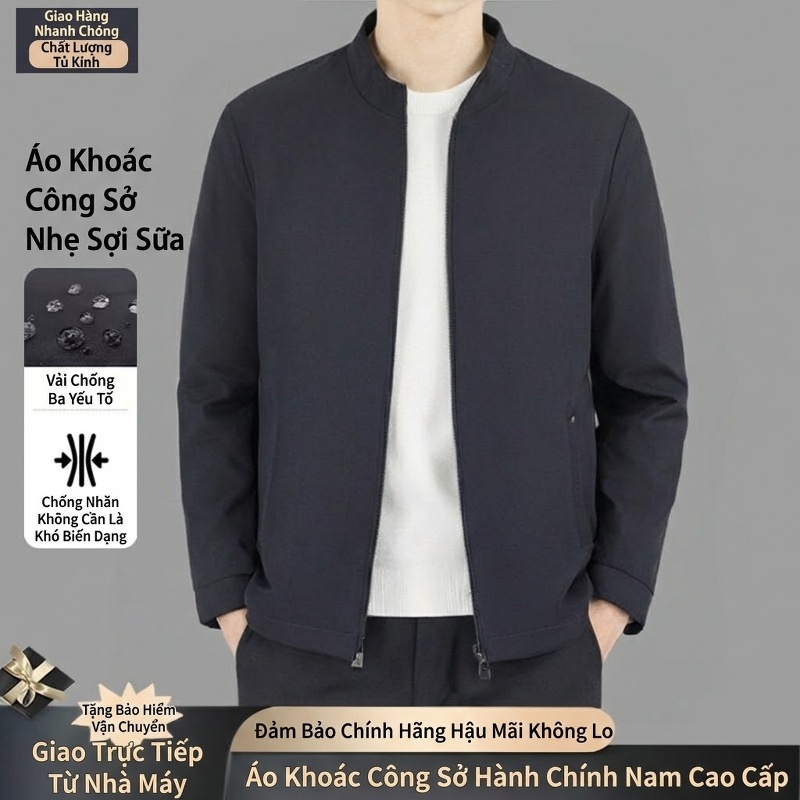 Áo Khoác Bomber Nam Cổ Trụ Dáng Ôm Vừa Vặn Màu Xanh Navy
