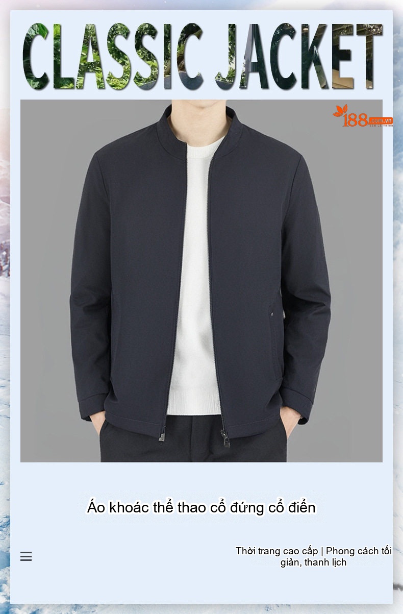 Áo Khoác Bomber Nam Cổ Trụ Dáng Ôm Vừa Vặn Màu Xanh Navy chi tiết 1