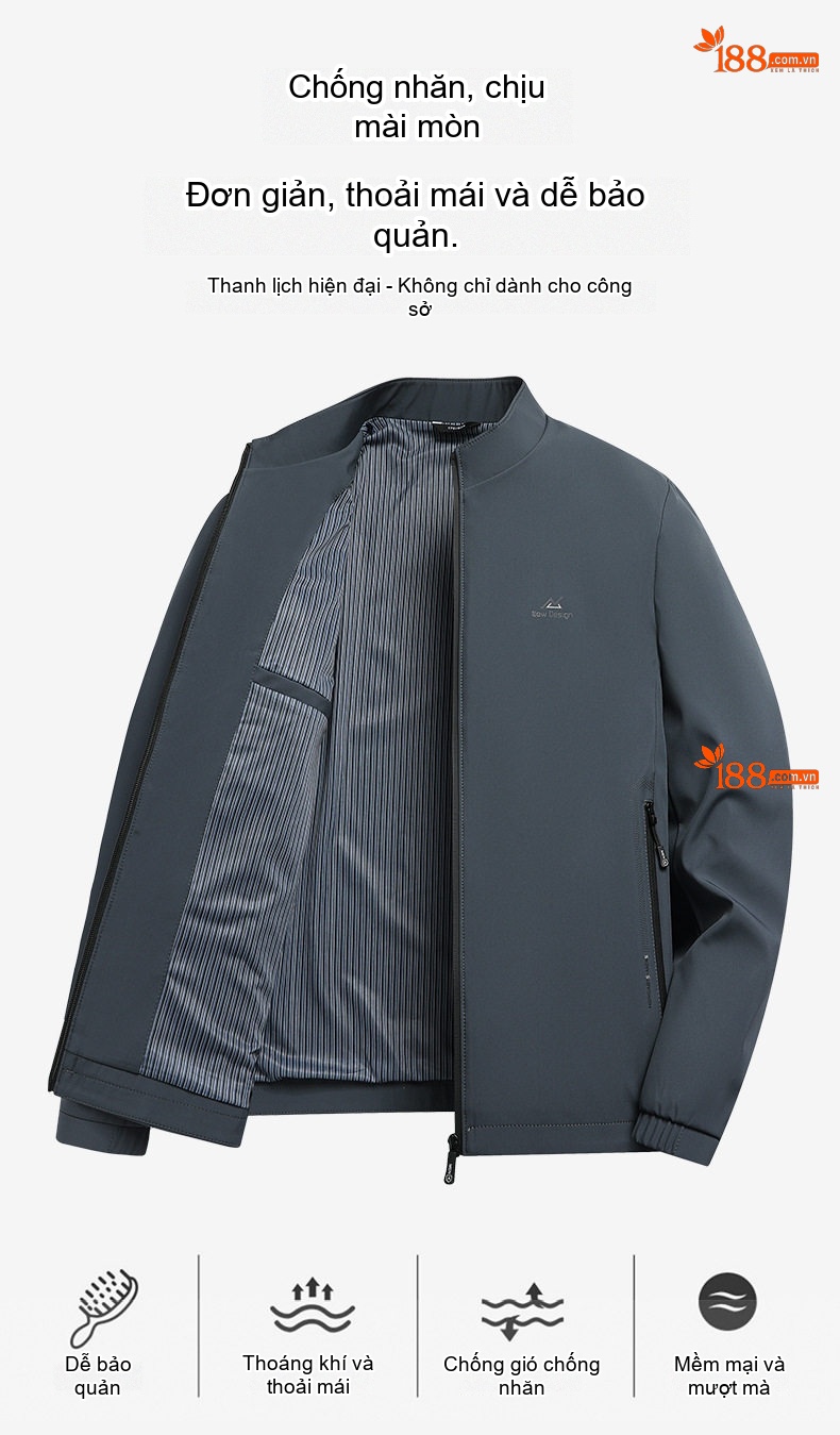 Áo Khoác Bomber Nam Cổ Trụ Dáng Ôm Vừa Vặn Phong Cách Doanh Nhân Màu Xám, Xanh Navy, Đen chi tiết 2
