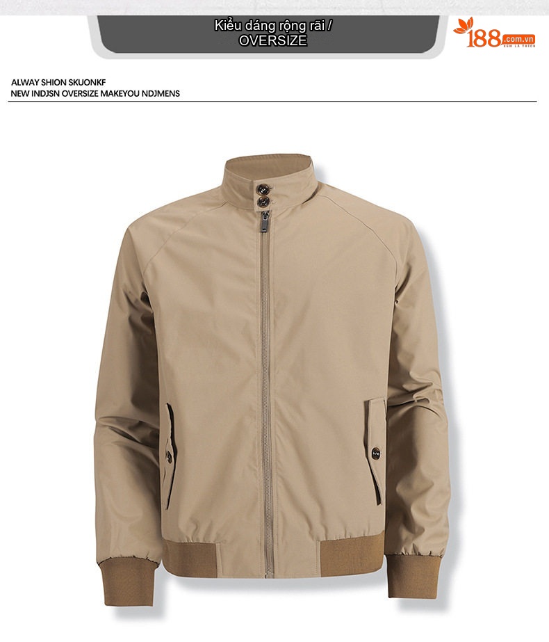 Áo Khoác Bomber Nam Cổ Trụ Dáng Rộng Màu Xám, Be chi tiết 2