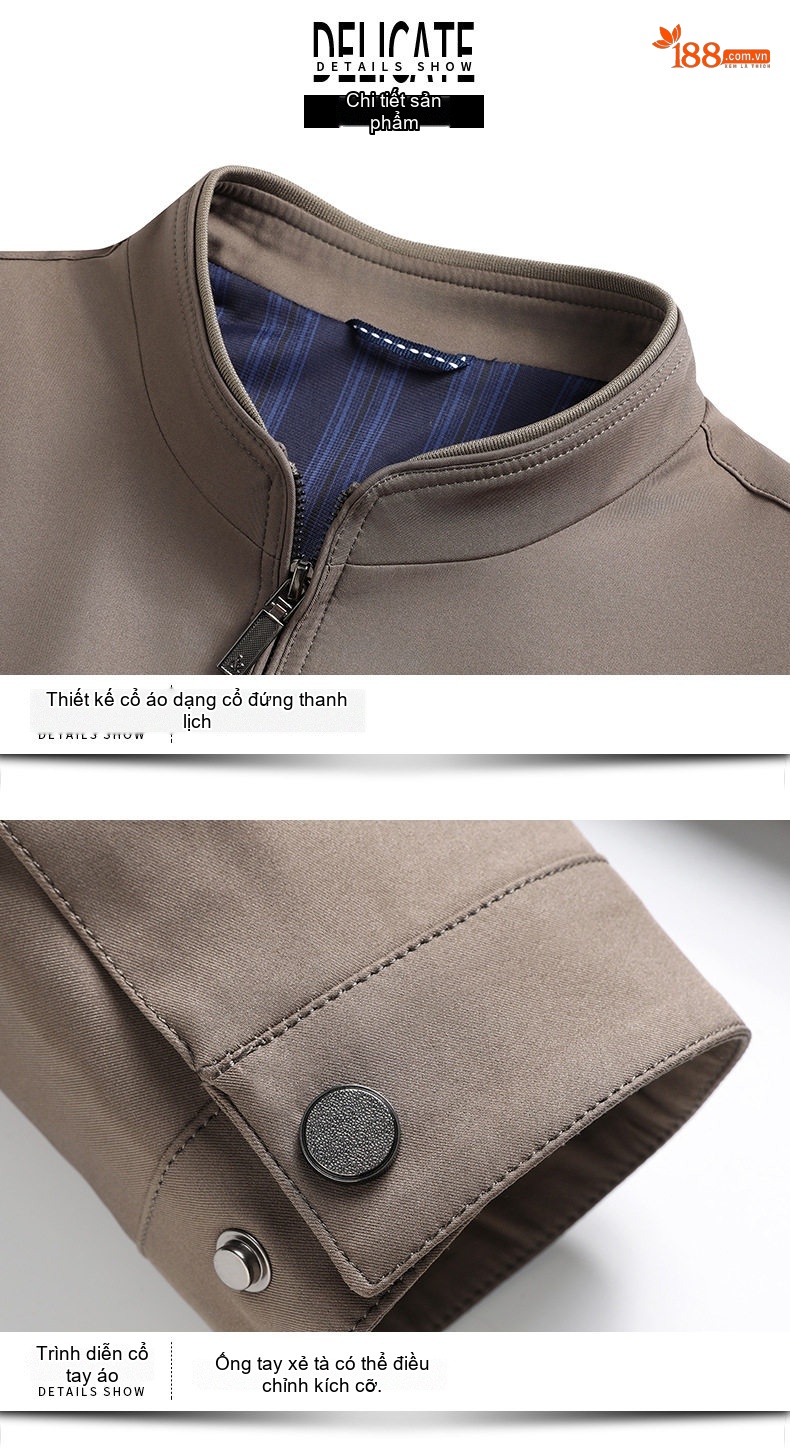 Áo Khoác Bomber Nam Cổ Trụ Khóa Kéo Cotton Mỏng Nhẹ Màu Be, Đỏ Rượu, Đen, Xám... chi tiết 24