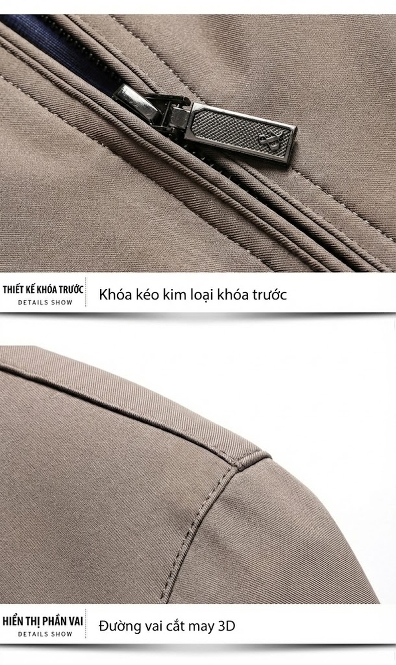 Áo Khoác Bomber Nam Cổ Trụ Khóa Kéo Cotton Mỏng Nhẹ Màu Be, Đỏ Rượu, Đen, Xám... chi tiết 25