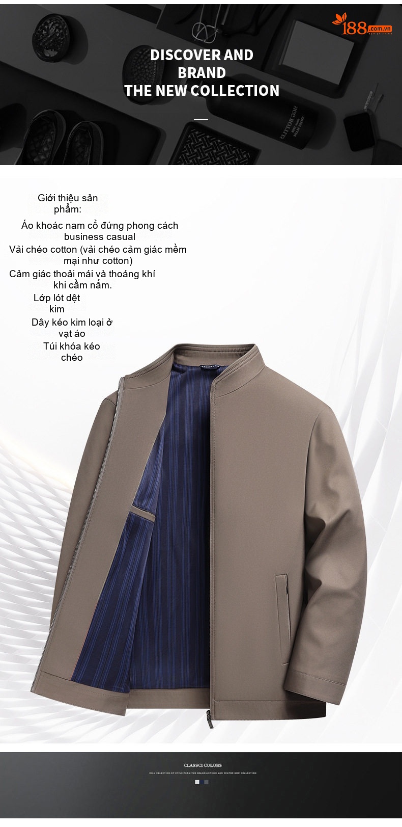 Áo Khoác Bomber Nam Cổ Trụ Khóa Kéo Cotton Mỏng Nhẹ Màu Be, Đỏ Rượu, Đen, Xám... chi tiết 2