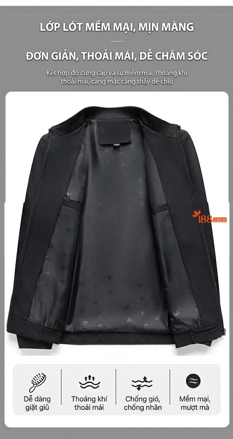 Áo Khoác Bomber Nam Cổ Trụ Mỏng Nhẹ Màu Xám, Xanh Navy, Đen chi tiết 5
