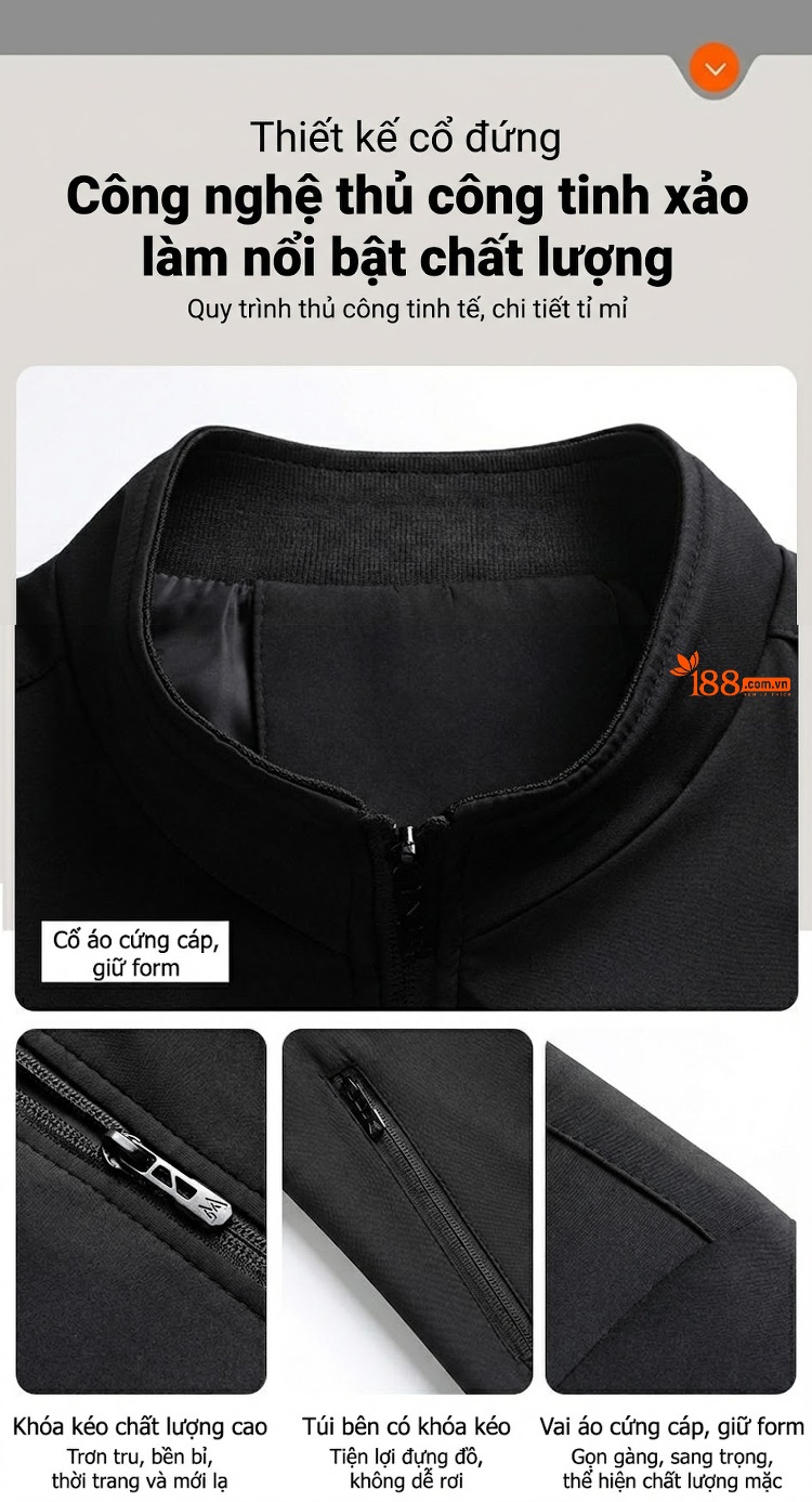 Áo Khoác Bomber Nam Cổ Trụ Mỏng Nhẹ Màu Xám, Xanh Navy, Đen chi tiết 8