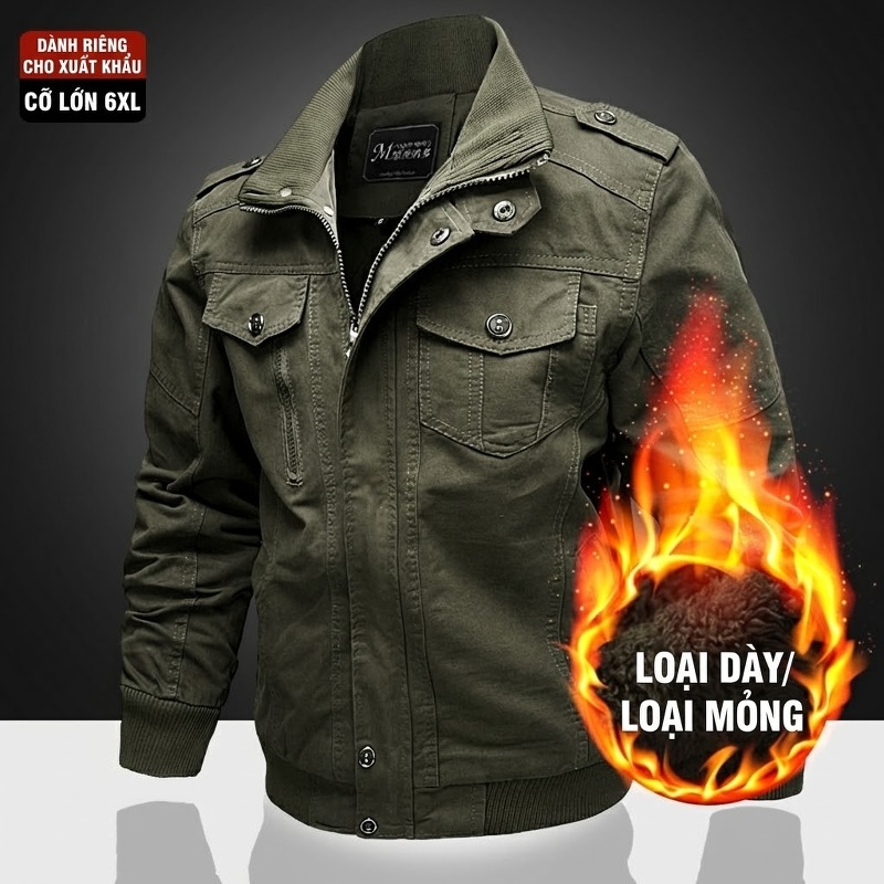 Áo Khoác Bomber Nam Cotton Lót Lông Cổ Đứng Dày Dặn Màu Xanh Rêu, Nâu, Đen