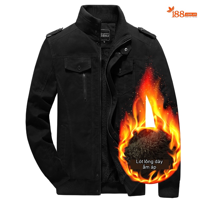 Áo Khoác Bomber Nam Cotton Lót Lông Cổ Đứng Dày Dặn Màu Xanh Rêu, Nâu, Đen