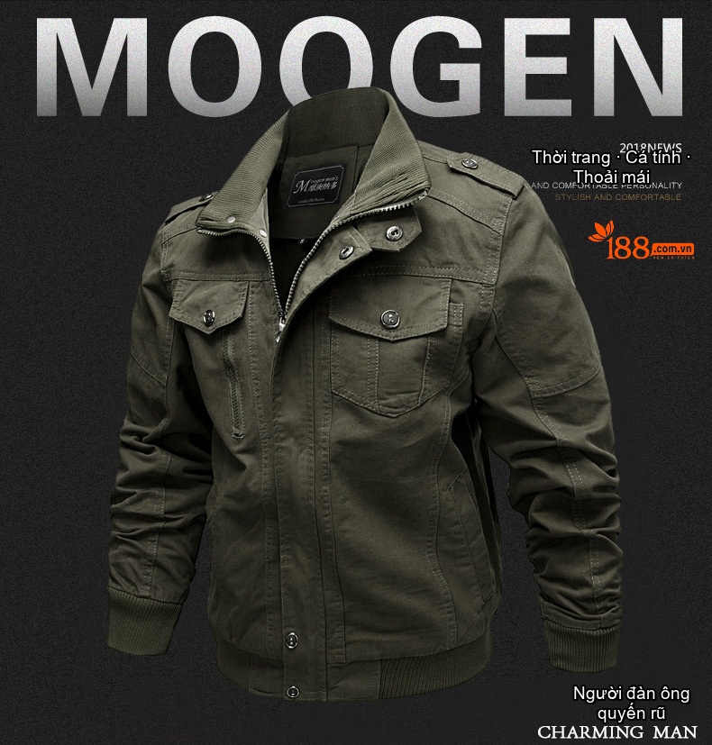 Áo Khoác Bomber Nam Cotton Lót Lông Cổ Đứng Dày Dặn Màu Xanh Rêu, Nâu, Đen chi tiết 5