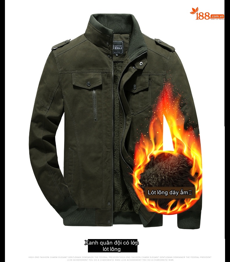 Áo Khoác Bomber Nam Cotton Lót Lông Cổ Đứng Dày Dặn Màu Xanh Rêu, Nâu, Đen chi tiết 13